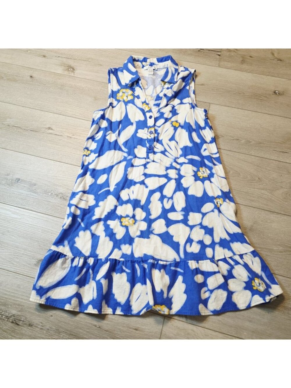 London Times Costal Blue Yellow Floral Sz 10 Sleeveless Ruffled Hem Shirt Dress